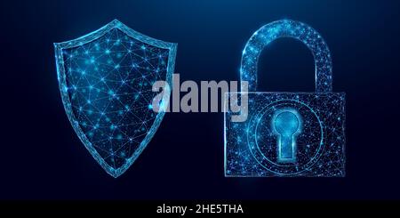 Guard shield and padlock. Cyber security concept with glowing low poly shield and lock on dark blue background. Wireframe low poly design. Abstract fu Stock Vector