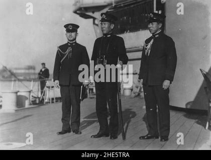 Second Sino-Japanese War, 1937-1945. Vice Admiral Kiyoshi Hasegawa (center), commander of the Imperial Japanese Navy's 3rd Fleet and two of his staff pictured in China, circa 1937. Hasegawa commanded the 3rd Fleet during the Battle of Shanghai and the USS Panay incident. Stock Photo