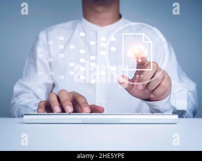 Document management. Cloud computing technology. Document file information and folder icons and man finger touching on cloud storage icon on virtual s Stock Photo