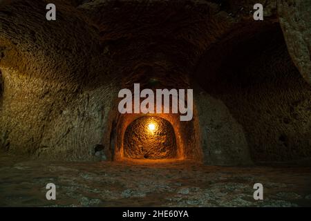 Derinkuyu underground city in Nevsehir Turkey. Noise effect included. Nevsehir Turkey - 6.30.2021 Stock Photo