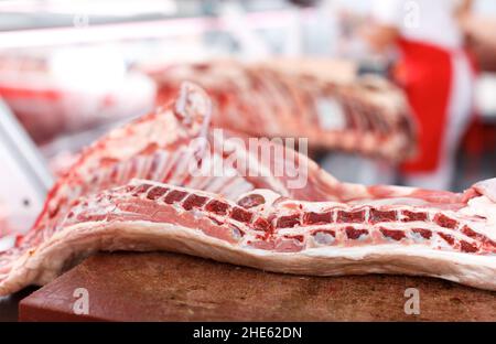 Meat prepared for sale in shop Stock Photo