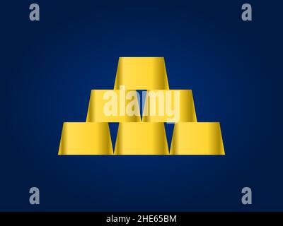 Gold bars pyramid on blue background. Shiny gold ingots stack. Business success idea. Wealth, treasure, rich concept. Financial growth. Vector Stock Vector