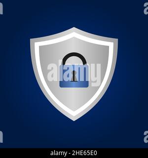 Silver shield with padlock on blue background. Safety, security concept. Shiny white metallic guardian armor. Power and strength symbol. Vector Stock Vector