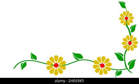 Floral Border design concept of green leaves with branch and yellow red flowers isolated on white background Stock Vector