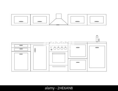 Kitchen in line art, scheme, decor Stock Vector