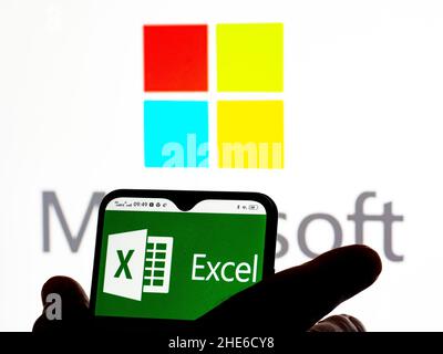 In this photo illustration a Microsoft Excel logo seen displayed on a smartphone. Stock Photo