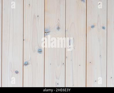 Light grey wood with screws on the vertical planks. Natural wood structure with high quality. Stock Photo