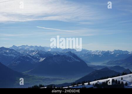 Alp mountains in Switzerland in winter, view from Rigi Kulm mount. Stock Photo