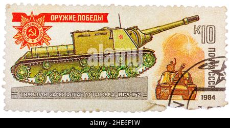 Postage stamp show Russian self-propelled gun ISU-152 Stock Photo