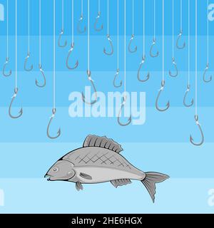 Fish and Hook Logo on Blue Stripes Background Stock Vector