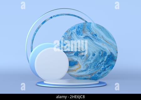 3d render of blue marble geometric studio pedestal isolated on pastel background, round frame, abstract minimal beauty product concept, luxury minimal Stock Photo