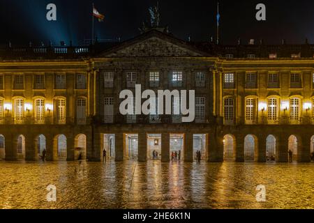 Facade of the Rajoy Palace in Santiago de Compostela at night Stock Photo