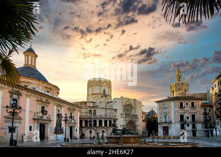 VALENCIA , SPAIN - DECEMBER 6, 2021: Square of Saint Mary's with Valencia Cathedral Temple, Basilica de la nuestra senora de los desamparados and the Stock Photo