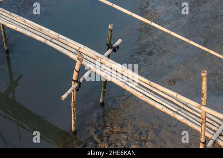 A bamboo bridge over a small canal in the rural village Stock Photo