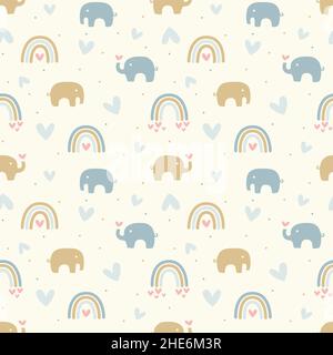 Rainbows and elephants seamless pattern. Rainbow pastel color hand drawn doodle cute baby or kids print. Stock Vector