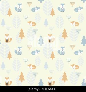 Fox cartoon and forrest seamless pattern. Autumn and winter pattern design with foxes and trees. Stock Vector