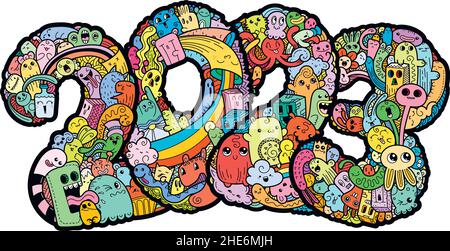 New year 2023. Monster doodle date. Ornate holiday symbol. Vector illustration for prints and design. Stock Vector