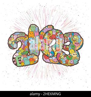 New year 2K23. Monster doodle date. Ornate holiday symbol. Vector illustration for prints and design. Stock Vector