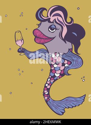 Vector illustration of cartoon fish with wineglass. Fancy hand drawn fish. Stock Vector