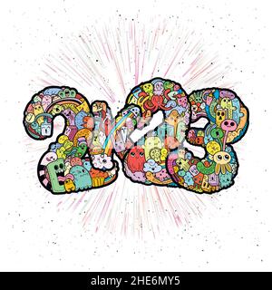 New year 2K23. Monster doodle date. Ornate holiday symbol. Vector illustration for prints and design on a blackboard Stock Vector