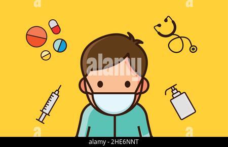 Cartoon illustration of men with covid 19 mask on with a Syringe, hand sanitizer, stethoscope, and pill/capsule Stock Vector