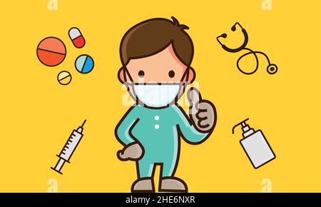 Cartoon illustration of men with covid 19 mask on with a Syringe, hand sanitizer, stethoscope, and pill/capsule Stock Vector