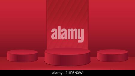 3D abstract studio with three pedestals. Red geometric platform with red abstract background. Stage for product demonstration, showcase - Vector illus Stock Vector