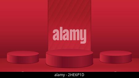 3D abstract studio with three pedestals. Red geometric platform with red abstract background. Stage for product demonstration, showcase - Vector illus Stock Vector