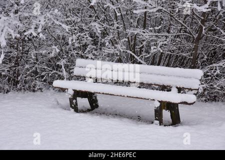 Wooden bench in a park fully covered in snow Stock Photo - Alamy