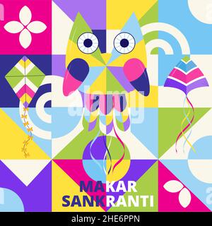 Happy Makar Sankranti vector. Hindi greeting card for web, social net. Makar Sankranti concept with colorful kites in sky Stock Vector