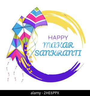 Happy Makar Sankranti vector. Hindi greeting card for web, social net. Makar Sankranti concept with colorful kites in sky Stock Vector
