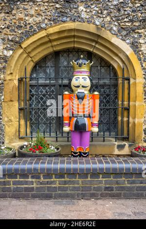 Clock Tower St. Albans large toy Christmas soldier standing outside Stock Photo