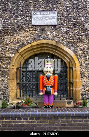 Clock Tower St. Albans large toy Christmas soldier standing outside Stock Photo