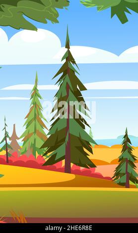 Autumn landscape. Beautiful bright rural scene with orange and yellow grass and plants. Illustration in cartoon style flat design. Vector Stock Vector