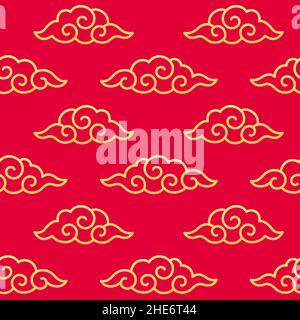 Traditional Chinese cloud seamless pattern, golden curly clouds on red background. Vector design element. Stock Vector