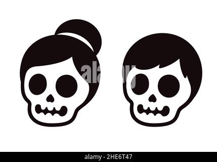 Cartoon skull couple, male and female. Two human skulls with hair. Simple black and white icon or logo, vector clip art illustration. Stock Vector