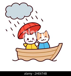 Cute cartoon cat couple drawing on a boat with umbrella. Two kawaii cats in rain together. Isolated vector clip art illustration. Stock Vector