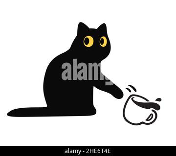 Cartoon black cat knocking coffee cup off table. Funny cat breaking things, cute vector illustration. Stock Vector
