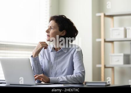 Thoughtful middle aged businesswoman working on computer. Stock Photo