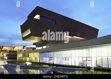 Museu del Disseny (design museum) building exterior at dusk in Sant Marti district of Barcelona Spain. Stock Photo