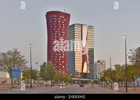 Modern Hotel Porta Fira and Torre Realia BCN, landmark skyscrapers located in L'Hospitalet de Llobregat, Barcelona Spain. Stock Photo