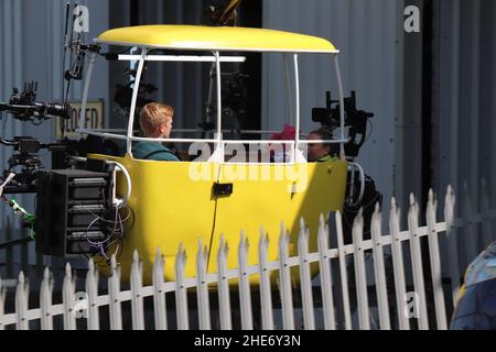 Coronation street cast have been spotted filming cable car scenes on the Great Orme, Llandudno, Wales Stock Photo