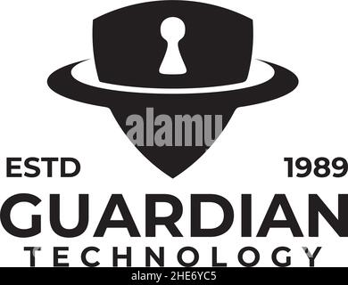 Black shield lock and unlock security guardian technology vector logo design Stock Vector