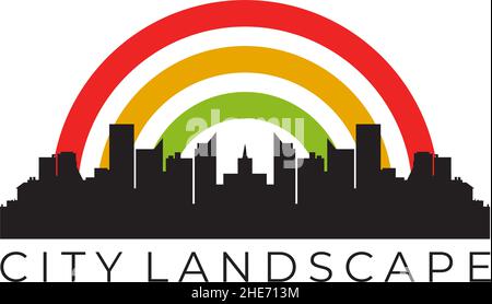 City scape silhouette logo with vector rainbow background design Stock Vector