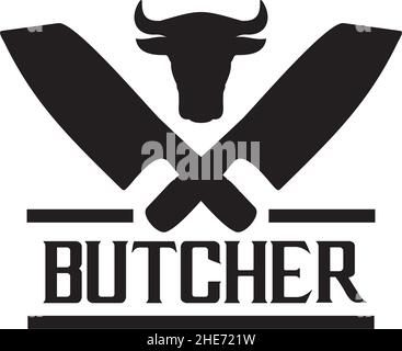 Butcher classic emblem with crossed knife vector logo design Stock Vector