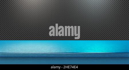 Blue gold steel countertop, empty shelf. Vector realistic mockup of table top, kitchen counter on transparent background with spot light. Bar desk sur Stock Vector