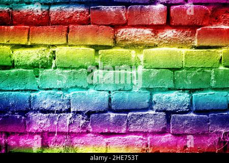 Abstract rainbow colors brick wall background view, red, yellow, green, blue Stock Photo