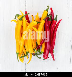 Directly above shot of Fresh hot chilli peppers in a bowl Stock Photo