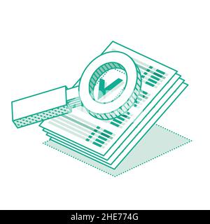 Documents Under Magnifying Glass. Vector Illustration. Green Check Mark or Tick Icon. Document Searching. Isometric Search Concept with Loupe and Pape Stock Vector