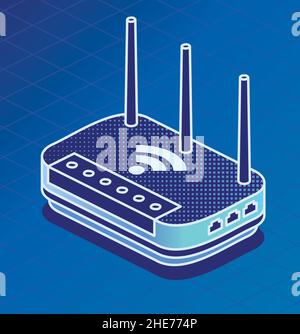 Isometric Network Router. Vector Illustration. Outline Wifi Wireless Router with Antennas on Blue Background. Stock Vector